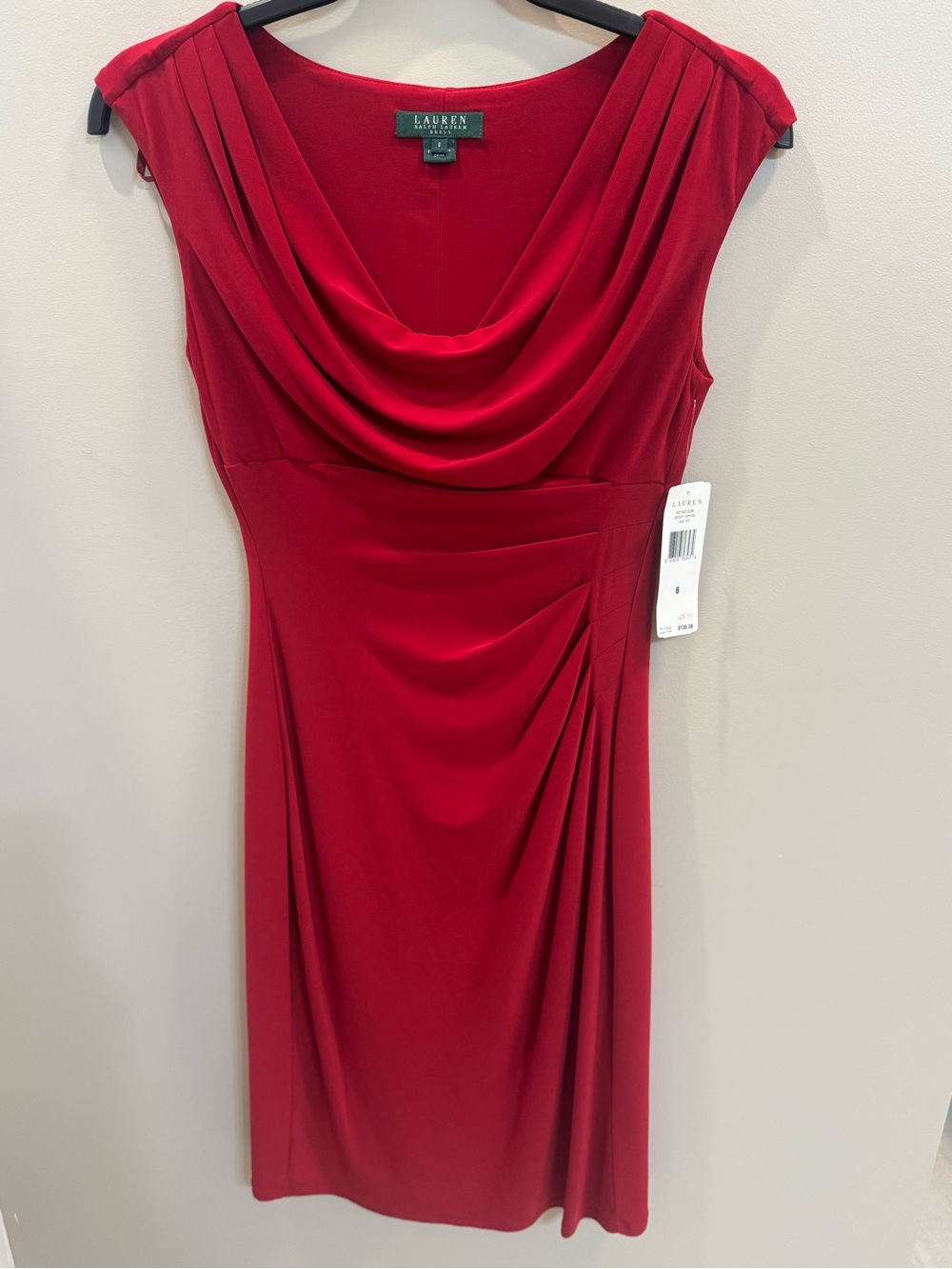 NWT Lauren Red Draped Cowl Dress with Side Ruching fitted shape - gorgeous